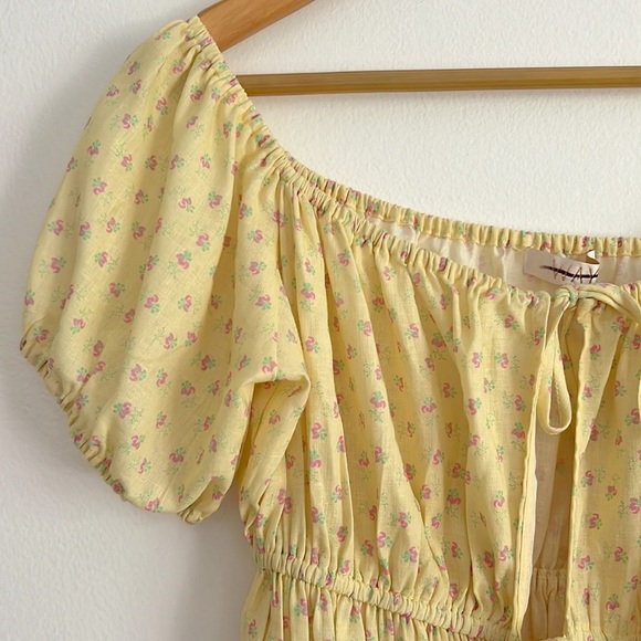 WAYF Sinclair Ditsy Floral Yellow Off The Shoulder Linen Mini Dress Tie Front - Picture 8 of 16